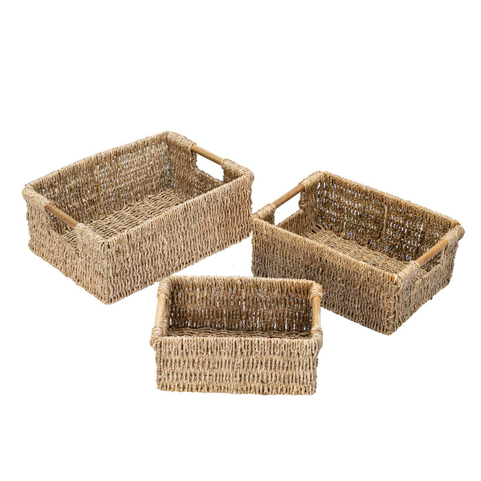 Set of 3 Seagrass Wicker Baskets for Shelves - Low