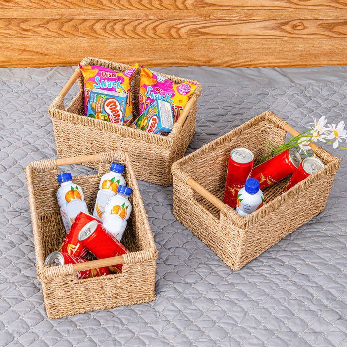 3 Medium Seagrass Storage Basket with Handle - High