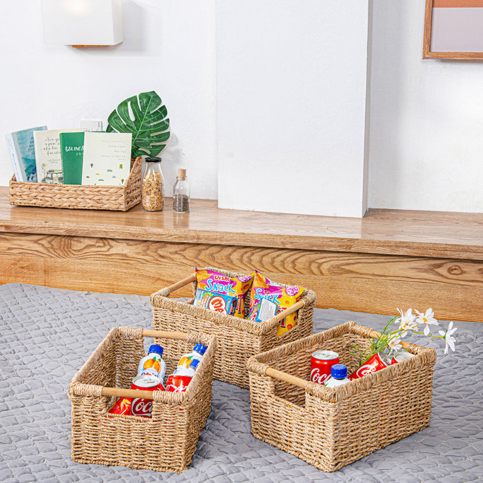 3 Medium Seagrass Storage Basket with Handle - High
