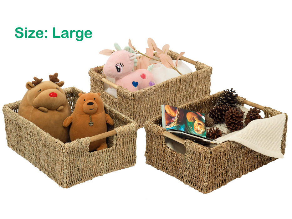 3 Large Seagrass Wicker Basket Rectangular for Shelves - Low