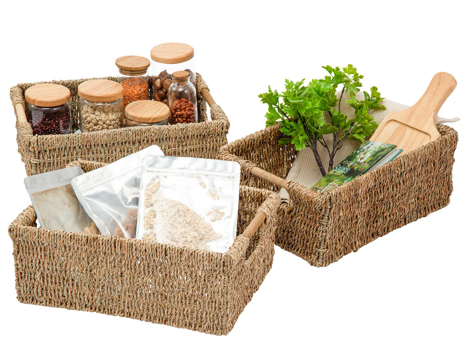3 Medium Seagrass Wicker Baskets with Wooden Handles for Shelves - Low