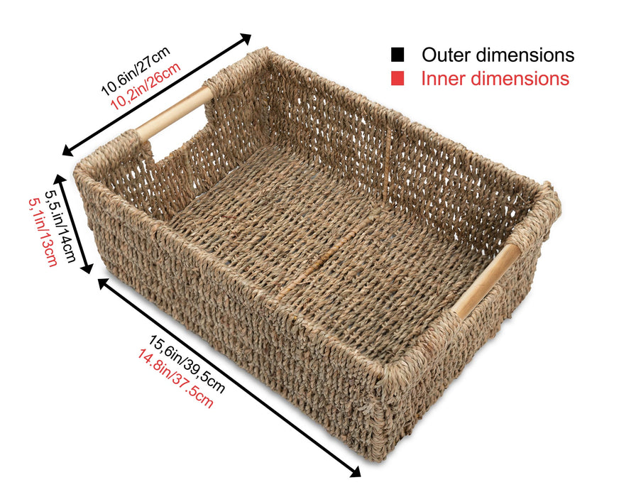 3 Large Seagrass Wicker Basket Rectangular for Shelves - Low