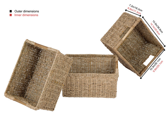 3 Large Seagrass Wicker Basket Rectangular for Shelves - High