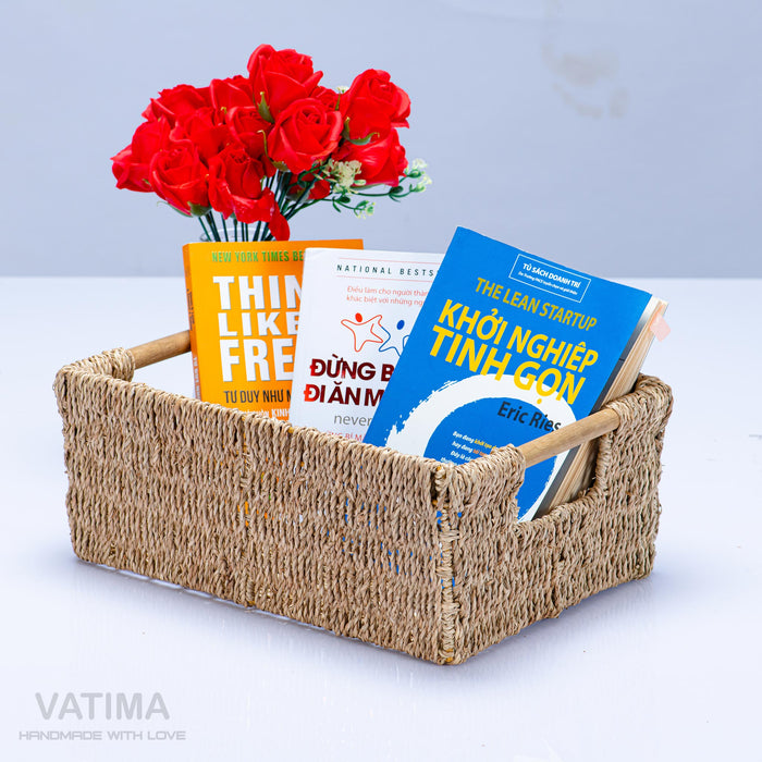 Medium Natural Seagrass Storage Basket with Handle - Low
