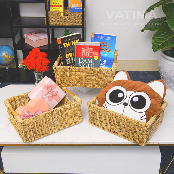 3 Medium Seagrass Wicker Baskets with Wooden Handles for Shelves - Low