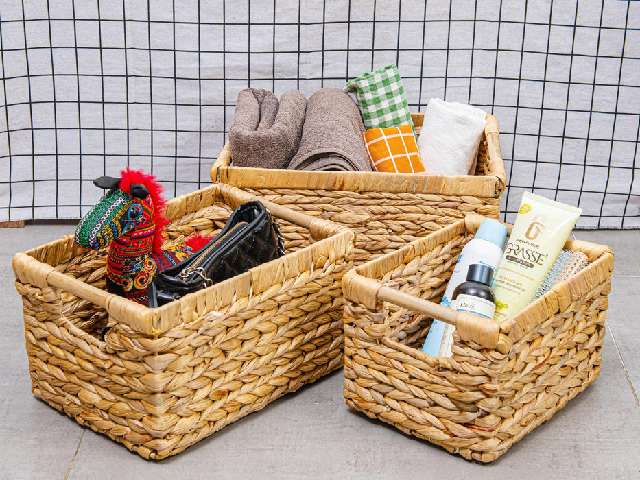 Set of 3 Water Hyacinth Wicker Baskets for Home - High