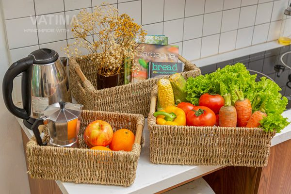 3 Large Seagrass Wicker Basket Rectangular for Shelves - Low