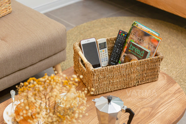 Small Seagrass Wicker Storage Basket with Wooden Handle - Low