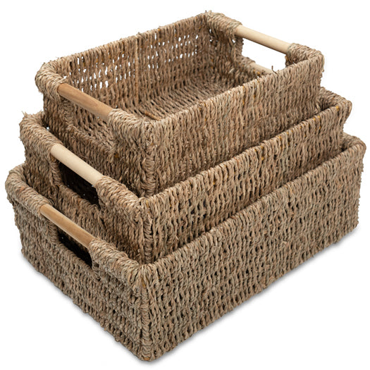 Set of 3 Seagrass Wicker Baskets for Shelves - Low