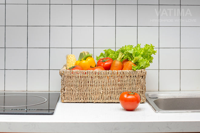 Small Seagrass Wicker Storage Basket with Wooden Handle - Low