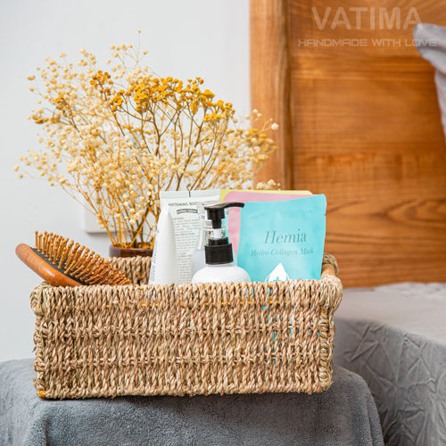 Small Seagrass Wicker Storage Basket with Wooden Handle - Low