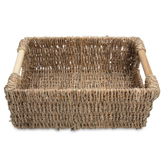 Small Seagrass Wicker Storage Basket with Wooden Handle - Low