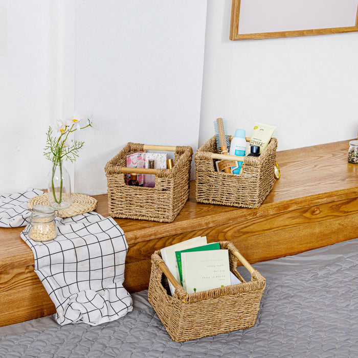 3 Small Seagrass Wicker Basket for Bathroom - High