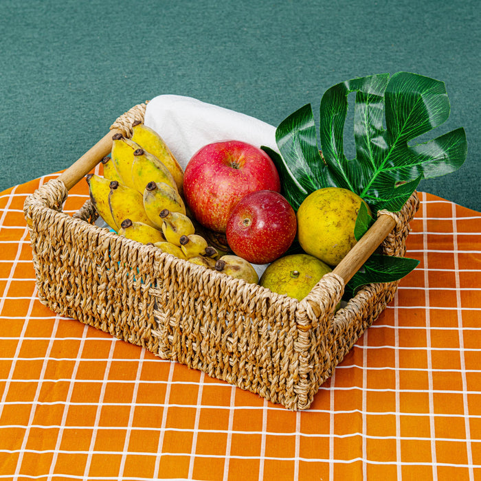 Small Seagrass Wicker Storage Basket with Wooden Handle - Low