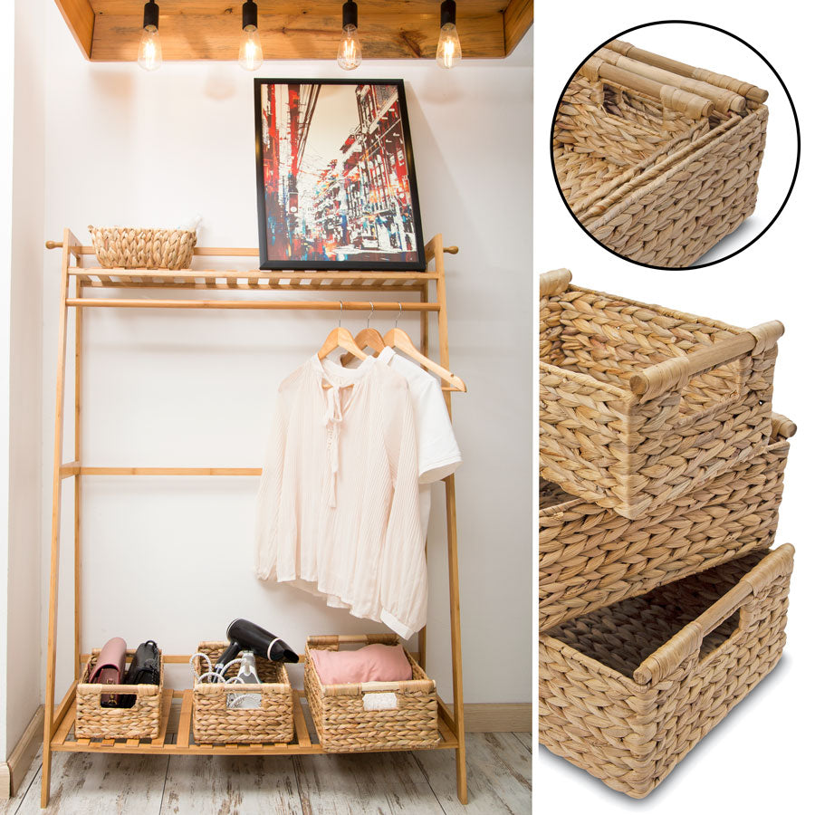 Water Hyacinth Storage Baskets Rectangular with Wooden Handles for Shelves