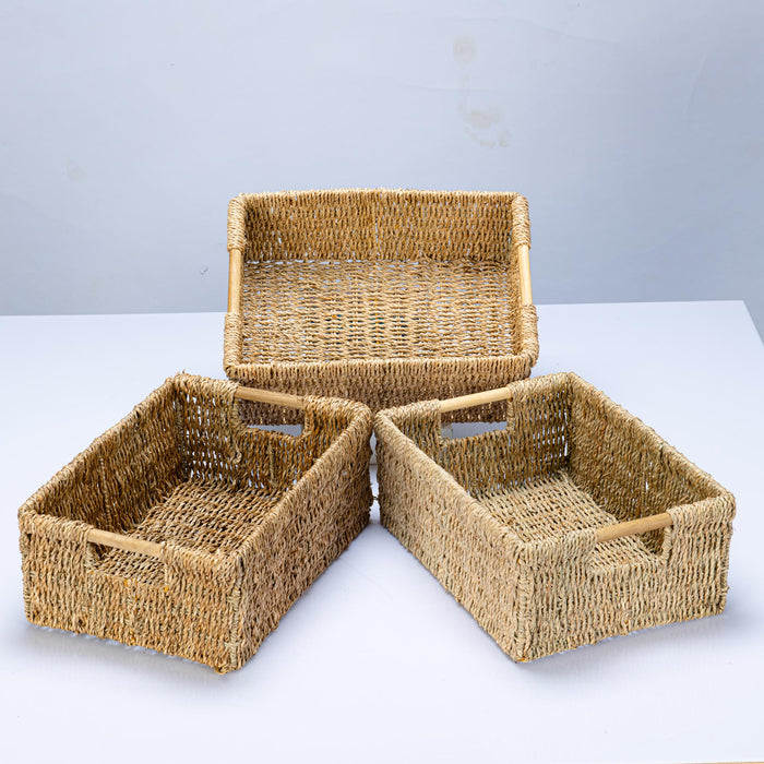 3 Large Seagrass Wicker Basket Rectangular for Shelves - Low