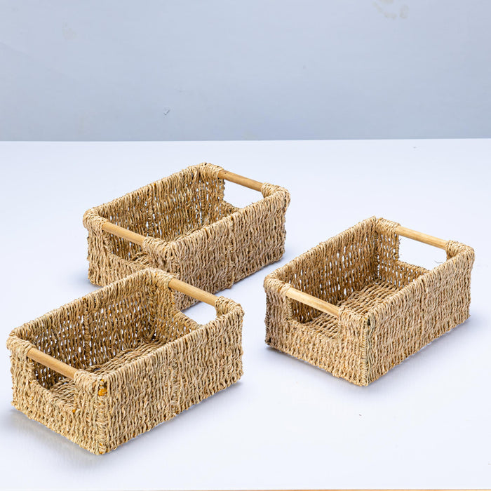 3 Small Decorative Seagrass Wicker Baskets - Low