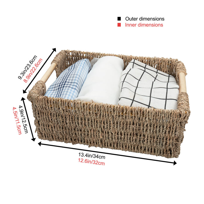 3 Medium Seagrass Wicker Baskets with Wooden Handles for Shelves - Low