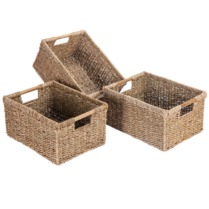 3 Large Seagrass Wicker Basket Rectangular for Shelves - High