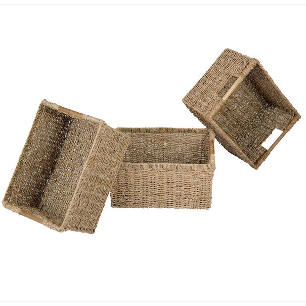 3 Large Seagrass Wicker Basket Rectangular for Shelves - High