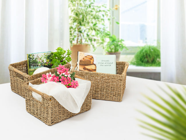3 Medium Seagrass Storage Basket with Handle - High