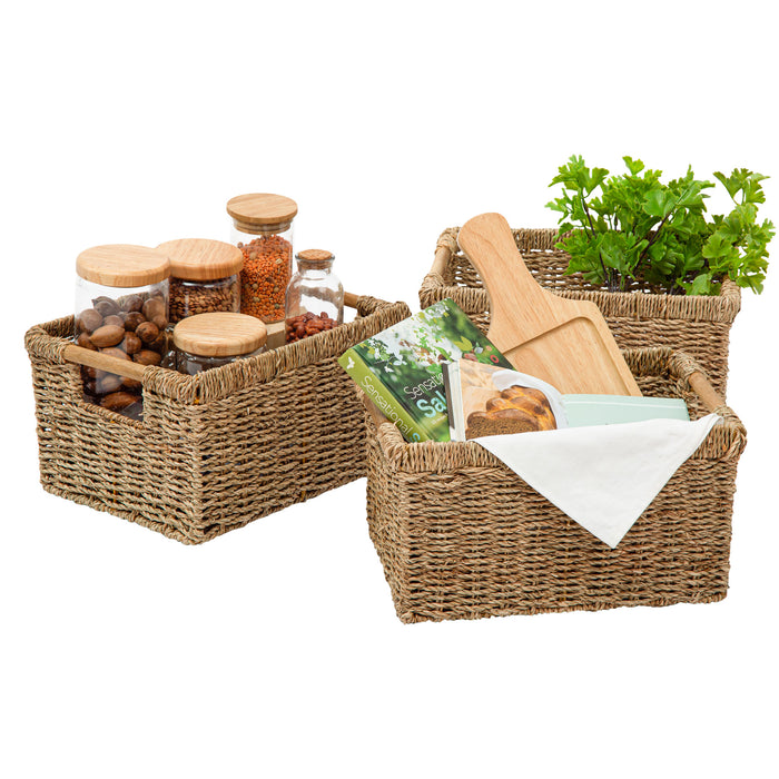 3 Medium Seagrass Storage Basket with Handle - High