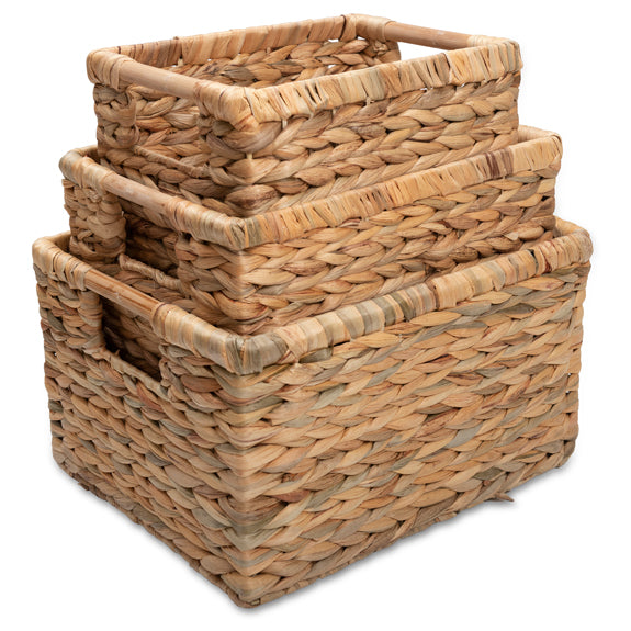 Set of 3 Water Hyacinth Wicker Baskets for Home - High